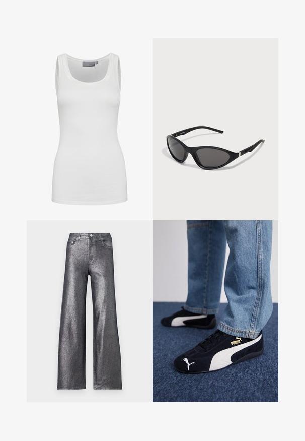 Valge tank top, mis on valmistatud pehmest ja venivast materjalist, ümmarguse kaeluse ja kitsaste rihmadega. Omab siledat tekstuuri ja keha lähedast lõiget.; Hõbedast metallikust laiad püksid kõrge talje ja viie taskuga, millel on nupuga sulgemine. Materjal on sile ja läikiv.; Mustad nubukist kingad valgete aktsentidega, millel on kullavärvi logo. Kandmine helesinine teksapükstega ja asetatud tekstuursele sinisele pinnale.; Mustad musta kassi silmadega prillid, millel on sirged, matt raamid, tumedad objektiivid ja hõbedased aktsendid templitel. Moodne disain terava kujuga.