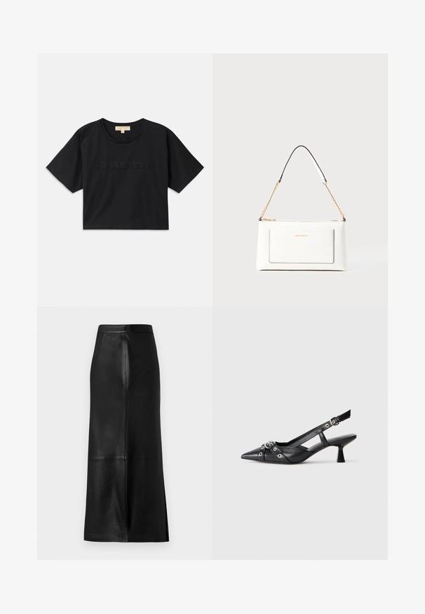 Fekete, rövid fazonú pamut póló. Kerek nyakkivágása és rövid ujjai vannak. A "MICHAEL KORS" felirat hímzéssel, az alapszínnel megegyező színben található az elején.; Fekete bőr szoknya egyenes siluettel, hátul nyílással, sima textúrával és látható varrásokkal.; Fekete bőr slingback cipő hegyes orral, dekoratív pántokkal, fém szemekkel és alacsony blokk sarkú. Texturált felület.; Fehér bőr kézitáska, texturált felülettel, arany lánccal és fekete részletekkel. Elülső zsebbel és cipzáros zárással rendelkezik.