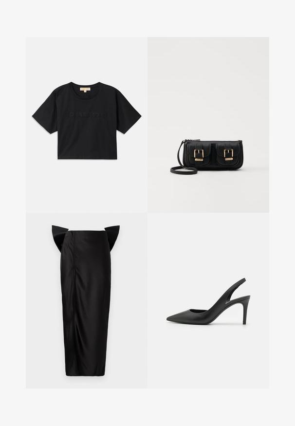 Fekete, rövid fazonú pamut póló. Kerek nyakkivágása és rövid ujjai vannak. A "MICHAEL KORS" felirat hímzéssel, az alapszínnel megegyező színben található az elején.; Fekete midi szoknya testhezálló sziluettel, egyedi fodros panelekkel a csípőn, sima textúrával és oldalsó cipzár részlettel.; Fekete bőrszíjjal ellátott magassarkú cipők, hegyes orral, elöl kivágott dizájnnal és vékony stiletto sarkakkal.; Fekete bőr keresztbody táska két elülső zsebbel, arany csattokkal, cipzáras záródással és vékony pánttal. Textúrált felület és kompakt téglalap alak.