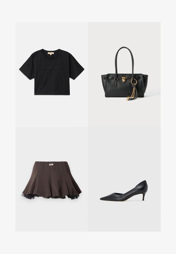 Fekete, rövid fazonú pamut póló. Kerek nyakkivágása és rövid ujjai vannak. A "MICHAEL KORS" felirat hímzéssel, az alapszínnel megegyező színben található az elején.; Barna pliszírozott szoknya texturált anyagból, fekete tüllréteggel a szegélyén és egy kis logó címkével a derékpánton.; Fekete bőr magassarkú cipő hegyes orral és alacsony sarokkal. Sima felülettel és enyhe fényű kialakítással rendelkezik. Az elején nyitott részlet a fokozott díszítésért.; Fekete bőr kézitáska dupla fogantyúkkal, aranyzárral és lánc részletekkel, fekete-fehér bojt kiegészítővel, fehér háttéren.