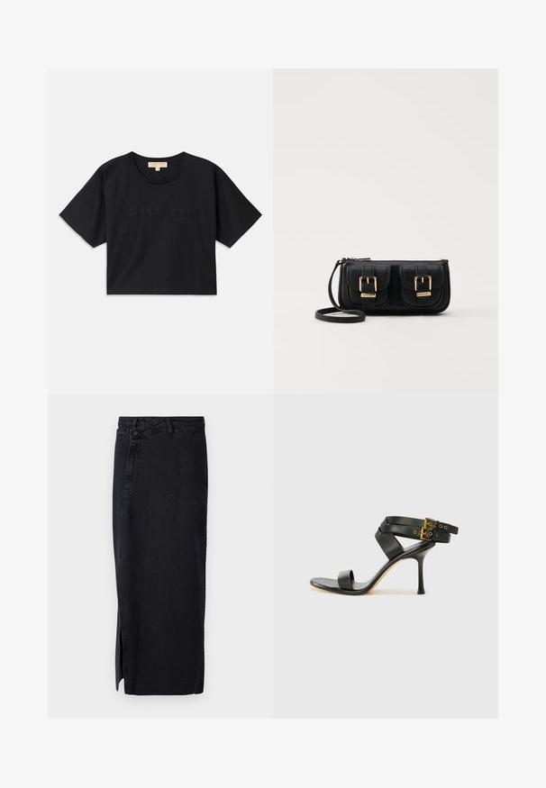 Mustat lyhyet hihatsiyhdistelmät, jotka on valmistettu puuvillasta. Pyöreä pääntie ja lyhyet hihat. "MICHAEL KORS" brodeerattu samansävyisenä eteen.; Mustahdam svart denim kjol med hög midja, halka in sidan och klassisk femficksdesign. Slät textur och rak silhuett.; Mustat korot kengät, joissa on ristikkäiset hihnat ja säädettävä solki. Ominaisuuksiin kuuluu sileä pinta ja kapeneva stilettokorko.; Musta nahkainen olkalaukku, jossa on kaksi etutaskua, kultaiset soljet, vetoketjukiinnitys ja kapea hihna. Teksturoidun pinnan ja kompaktin suorakaiteen muoto.