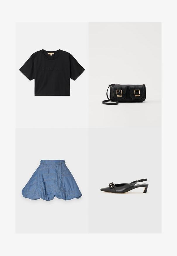 Juoda trumpa medvilninė marškinėliai. Suapvalintas iškirpimas ir trumpomis rankovėmis. "MICHAEL KORS" išsiuvinėta atitinkamos spalvos priekyje.; Ksenia Schnaider QUILTED MINI SKIRT - Mini sijonas - light blue; Juodas odinis slingback batelis su smailiu nosiu, maža pakulne ir dekoratyvine sagtimi viršuje. Lygus paviršius, minimalistas dizainas.; Juodas odinis per petį nešiojamas krepšys su dviem priekiniais kišenėmis, auksiniais sagtimis, užtrauktuko uždarymu ir siauromis petnešomis. Textūruota paviršius ir kompaktiškas stačiakampis formatas.