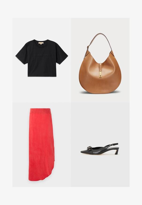 Schwarzes, verkürztes T-Shirt aus Baumwolle. Hat einen runden Halsausschnitt und kurze Ärmel. "MICHAEL KORS" in passender Farbe auf der Vorderseite gestickt.; Roter, knöchellanger Rock aus einem glatten, leichten Stoff. Verfügt über einen geschwungenen Saum und ist einfarbig ohne sichtbare Muster oder Verzierungen.; Schwarzer Leder Slingback-Schuh mit spitzer Zehenform, kleinem Absatz und dekorativem Schnallen-Detail auf dem Obermaterial. Glatte Textur, minimalistisches Design.; Taschenhandtasche aus braunem Leder mit geschwungener Form und breitem Schultergurt. Sie verfügt über einen goldenen Metallakzent in der Mitte und eine glatte Textur.