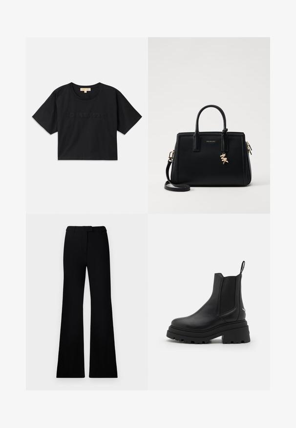 Fekete, rövid fazonú pamut póló. Kerek nyakkivágása és rövid ujjai vannak. A "MICHAEL KORS" felirat hímzéssel, az alapszínnel megegyező színben található az elején.; Fekete, harangszárú nadrág sima textúrával, precíziós derékrésszel és elülső zsebekkel, amely egy sima, modern sziluettet tervez.; Fekete Chelsea csizmák sima bőrből, rugalmas oldalsó panelekkel, vastag, bordázott gumitalppal és hátsó húzófüllel.; Fekete bőr kézitáska strukturált dizájnnal, dupla felső fogantyúkkal, levehető vállpánttal, arany színű fémrészletekkel és logómedál díszítéssel.