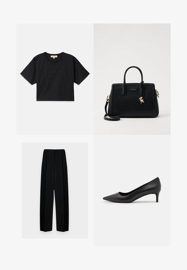 Black cropped t-shirt made of cotton. Features round neckline and short sleeves. "MICHAEL KORS" embroidered in matching color on the front.; Black wide-leg trousers with a high waist, featuring pleats and a smooth texture. The fabric appears lightweight and drapes elegantly.; Black leather pointed-toe pump with a low heel. Smooth texture, sleek design, and subtle detailing at the heel.; Black leather handbag with structured design, dual top handles, detachable shoulder strap, gold hardware, and a logo charm accent.