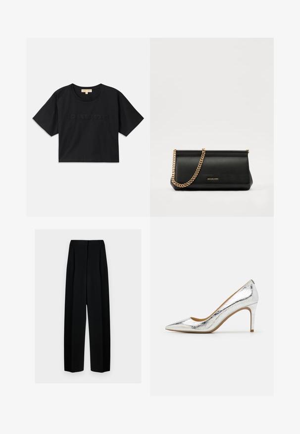 Black cropped t-shirt made of cotton. Features round neckline and short sleeves. "MICHAEL KORS" embroidered in matching color on the front.; Black wide-leg trousers with a high waist, featuring pleats and a smooth texture. The fabric appears lightweight and drapes elegantly.; Silver metallic pointed-toe high heel shoe featuring a smooth texture, 4-inch heel, and subtle creased pattern along the surface.; Black leather clutch bag with a gold chain strap, featuring a smooth texture, rectangular shape, and embossed branding on the front.