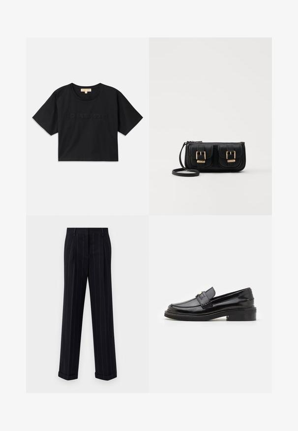 T-shirt noire cropped en coton. Caractéristiques : col rond et manches courtes. "MICHAEL KORS" brodé dans une couleur assortie sur le devant.; Pantalons noirs à rayures fines avec une coupe ajustée, dotés d'un ourlet à revers et de plis avant. Fabriqués en tissu lisse avec un design structuré.; Mocassin en cuir verni noir avec une finition lisse, des détails cousus à l'avant et un petit talon carré pour le soutien. Accent doré sur la sangle.; Sac en cuir noir porté en travers avec deux poches avant, boucles dorées, fermeture zippée et une sangle fine. Surface texturée et forme rectangulaire compacte.