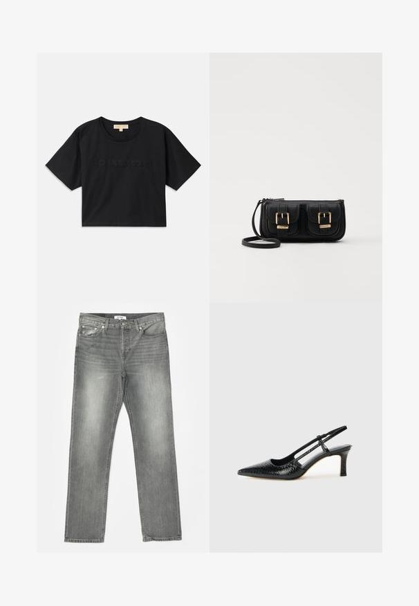 Must have mustakroot särk, mis on valmistatud puuvillast. Omab ümmargust kaelust ja lühikesi varrukaid. Ees on sama värviga tikitud "MICHAEL KORS".; RE/DONE EASY - Sirgete säärtega teksad - grigio; Mustmust paelad, millel on terav varvas, tekstuuriga maduprindiga, reguleeritav rihm ja lühike tekstuuriga plokknina.; Must küllastamata nahast õlakott, millel on kaks esist nähtavat taskut, kuldsed pandlad, tõmblukuga sulgemine ja peen rihm. Tekstuuriga pind ja kompaktne ristkülikukujuline kuju.