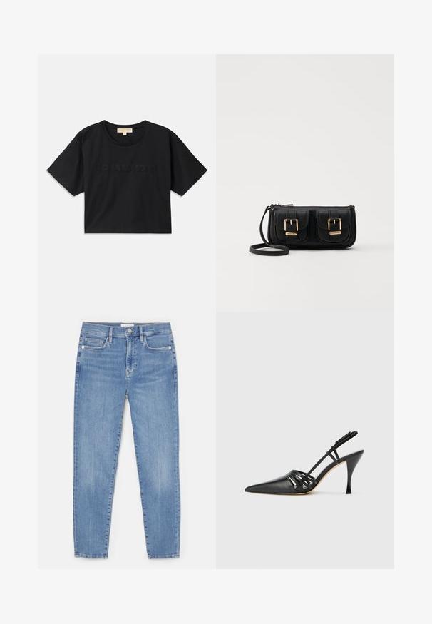 Svart cropped t-skjorte laget av bomull. Har rund hals og korte ermer. "MICHAEL KORS" brodert i matchende farge foran.; Lys blå denimjeans med en tettsittende design, fem lommer, frontknappelukking og synlig søm langs sømmene.; Sorte lærhæl med åpen bak, spiss tå, krysset stropp design, og slank stiletthæl. Glatt tekstur og minimale detaljer.; Svart skinn crossbody veske med to frontlommer, gyldne spenner, glidelåslukking og en slank stropp. Teksturert overflate og kompakt rektangulær form.