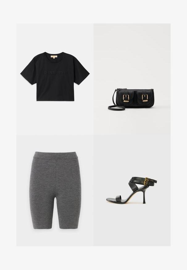 Must have mustakroot särk, mis on valmistatud puuvillast. Omab ümmargust kaelust ja lühikesi varrukaid. Ees on sama värviga tikitud "MICHAEL KORS".; Hallidena töötlemisega hallidest kootud jalgrattashortsid, millel on vormiv disain ja sile tekstuur, sisaldavad kõrget vöökohta ja keskmise reie pikkust.; Mustad mustand koos ristatud rihmade ja reguleeritava pandlaga. Omab siledat tekstuuri ja kitsenevat stiletto kontsa.; Must küllastamata nahast õlakott, millel on kaks esist nähtavat taskut, kuldsed pandlad, tõmblukuga sulgemine ja peen rihm. Tekstuuriga pind ja kompaktne ristkülikukujuline kuju.