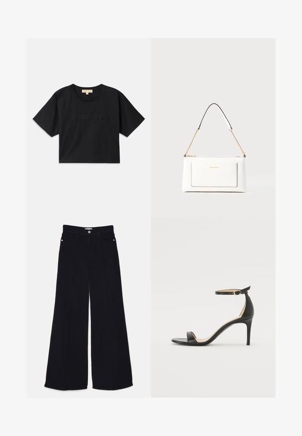 Black cropped t-shirt made of cotton. Features round neckline and short sleeves. "MICHAEL KORS" embroidered in matching color on the front.; FRAME LE PALAZZO - Wide Leg - film noir; Black leather high-heeled sandal with an ankle strap. Features a smooth texture, open toe, and a thin heel. Gold-toned buckle detail.; White leather handbag with a textured finish, featuring a gold chain strap and black accents. Includes a front pocket and zipper closure.