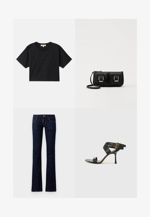 Černé zkrácené tričko vyrobené z bavlny. Obsahuje kulatý výstřih a krátké rukávy. "MICHAEL KORS" vyšitý v odpovídající barvě na přední straně.; Tmavě modré džíny s rozšířenými nohavicemi, klasickým pětipocket designem, viditelnými švy a knoflíkovým zapínáním v pase.; Černé sandály na podpatku s kříženými popruhy a nastavitelnou sponou. Mají hladký povrch a špičatý stiletto podpatek.; Černá kožená crossbody taška se dvěma předními kapsami, zlatými přezkami, zipovým uzávěrem a štíhlým popruhem. Texturovaný povrch a kompaktní obdélníkový tvar.