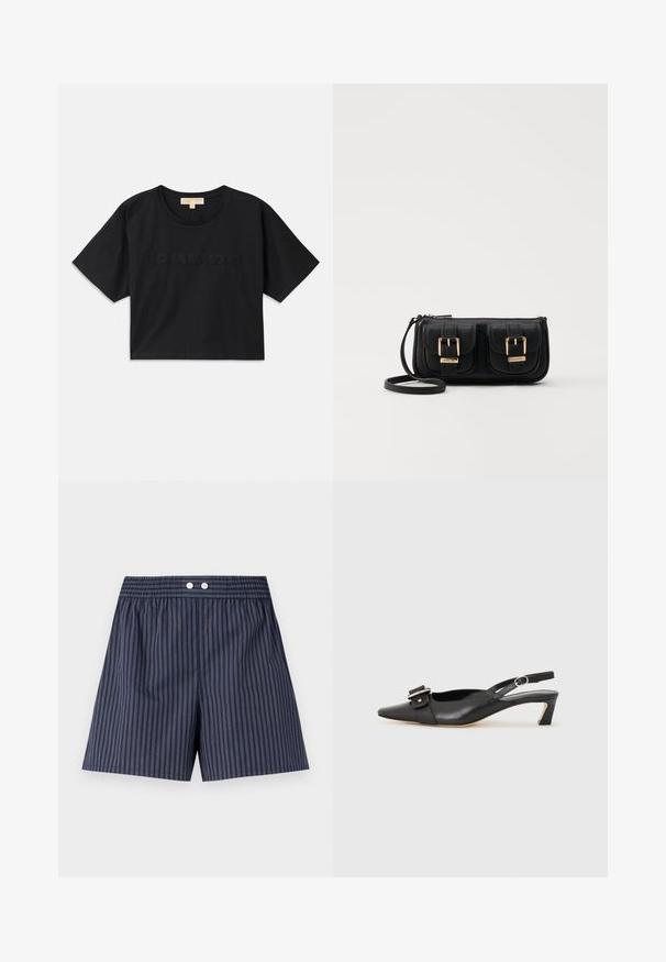 Svart cropped t-skjorte laget av bomull. Har rund hals og korte ermer. "MICHAEL KORS" brodert i matchende farge foran.; Marineblå stripete shorts med elastisk midje, med to hvite knapper foran, laget av lett stoff.; Svarte skinn slingback-sko med spiss tå, liten hæl og dekorativ spenne-detalj på overdelen. Glatt tekstur, minimalistisk design.; Svart skinn crossbody veske med to frontlommer, gyldne spenner, glidelåslukking og en slank stropp. Teksturert overflate og kompakt rektangulær form.