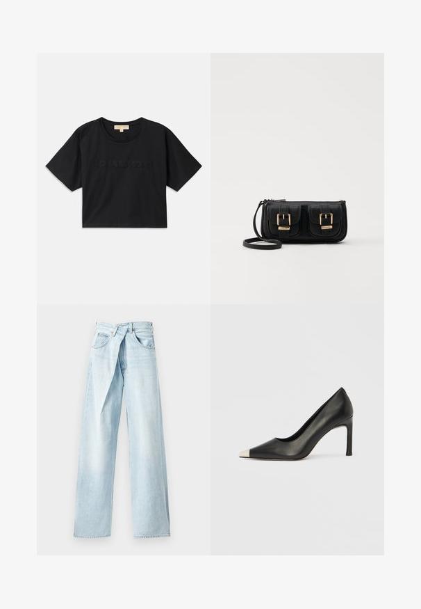 Schwarzes, verkürztes T-Shirt aus Baumwolle. Hat einen runden Halsausschnitt und kurze Ärmel. "MICHAEL KORS" in passender Farbe auf der Vorderseite gestickt.; Helleblaue, weite Jeans aus Denim mit einem einzigartigen überkreuzten Bund und einem Fünf-Taschen-Design. Glatte Textur und gerade Schnittführung.; Schwarzer Lederschuh mit hohem Absatz, spitz zulaufender Zehenpartie und metallischer silberner Spitze. Verfügt über eine glatte Oberfläche und einen schlanken 10 cm hohen Absatz.; Schwarze Leder-Umhängetasche mit zwei vorderen Taschen, goldenen Schnallen, Reißverschluss und einem schmalen Tragegurt. Texturierte Oberfläche und kompakte rechteckige Form.