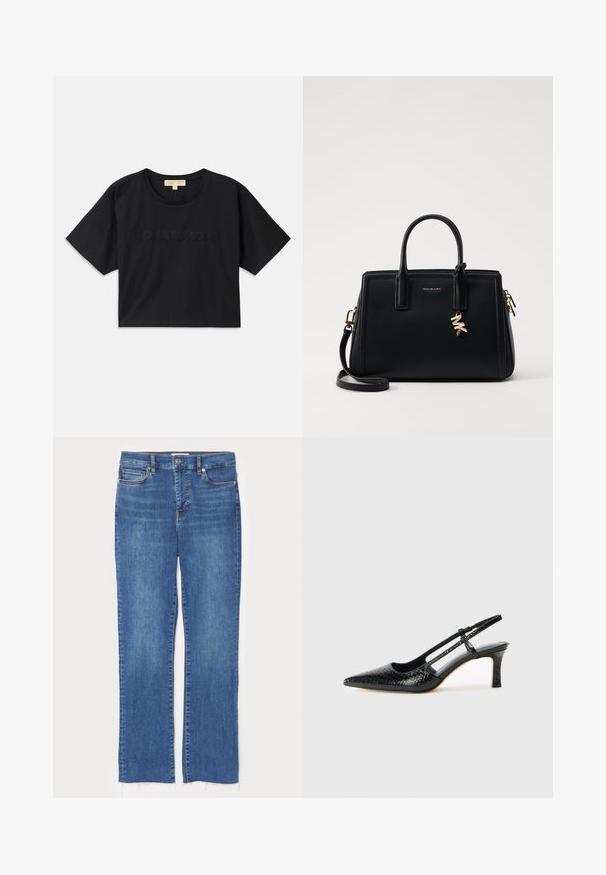T-shirt noire cropped en coton. Caractéristiques : col rond et manches courtes. "MICHAEL KORS" brodé dans une couleur assortie sur le devant.; Jean en denim bleu avec une coupe droite, doté d'une fermeture à bouton et à zip, de cinq poches et de bords effilochés en bas.; Escarpin slingback en vernis noir avec un bout pointu, présentant un imprimé serpent texturé, une sangle réglable et un petit talon bloc texturé.; Sac à main en cuir noir avec un design structuré, deux poignées supérieures, une bandoulière amovible, des accessoires en or et un pendentif avec le logo.