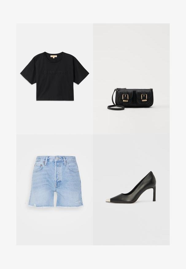 Black cropped t-shirt made of cotton. Features round neckline and short sleeves. "MICHAEL KORS" embroidered in matching color on the front.; Denim shorts in light blue with a frayed hem. Features classic five-pocket design, button closure, and slight distressing on fabric.; Black leather high heel shoe with a pointed toe and a metallic silver cap. Features a smooth finish and a slender 10 cm heel.; Black leather crossbody bag with two front pockets, gold buckles, zipper closure, and a slim strap. Textured surface and compact rectangular shape.