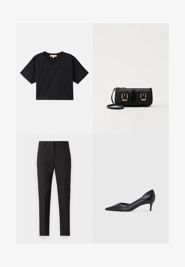 Black cropped t-shirt made of cotton. Features round neckline and short sleeves. "MICHAEL KORS" embroidered in matching color on the front.; Black tailored trousers with a straight-leg design, featuring a flat front, belt loops, and no visible patterns or embellishments.; Black leather pump with a pointed toe and low heel. Features a smooth texture and subtle sheen. Open cut at the front for added detail.; Black leather crossbody bag with two front pockets, gold buckles, zipper closure, and a slim strap. Textured surface and compact rectangular shape.
