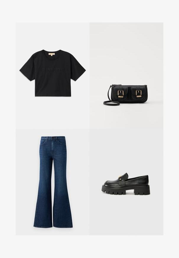 Tricou scurt negru din bumbac. Are guler rotund și mâneci scurte. "MICHAEL KORS" brodat în aceeași culoare pe față.; Jeans evazati cu talie înaltă de culoare albastru închis, cu nasture în față, fermoar și design cu cinci buzunare, pe un fundal alb.; Mocasini negri din piele cu o talpă groasă, având un accent aurit în față și un finisaj neted. Design cu ștanțare groasă pe talpă.; Geantă neagră din piele, tip crossbody, cu două buzunare frontale, catarame aurii, închidere cu fermoar și o curea subțire. Suprafață texturată și formă rectangulară compactă.
