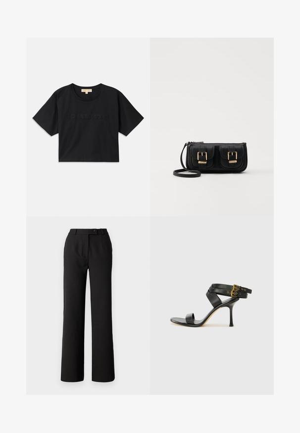 Črna skrajšana majica kratkih rokavov iz bombaža. Ima okroglo izrez in kratke rokave. Na sprednji strani je izšito ime "MICHAEL KORS" v usklajeni barvi.; Črne hlače iz gladkega materiala, z ravnimi nogavicami, sprednjimi pregibi in enim gumbom za zapiranje na pasu.; Črne sandale na peto z križnimi trakovi in prilagodljivo zaponko. Imajo gladko teksturo in zožen peto.; Črna usnjena torbica čez ramo z dvema sprednjima žepoma, zlatimi zaponkami, zadrgo in ozkim pasom. Tekstura površine je strukturirana, obliko pa ima kompaktno pravokotno.
