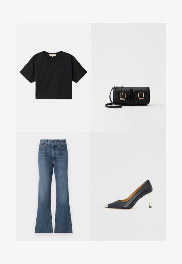 Juoda trumpa medvilninė marškinėliai. Suapvalintas iškirpimas ir trumpomis rankovėmis. "MICHAEL KORS" išsiuvinėta atitinkamos spalvos priekyje.; Džinsai su plačiais klešniais, vidutinio mėlynumo, su aukšta liemens linija, tradicinėmis penkiomis kišenėmis ir suplėšytu apatiniu kraštu.; Tamsiai mėlynas odinis aukštakulnis batelis su smailiu priekiu, puoštas sidabrine metaline apsauga ir blizgiu sidabriniu stiletto kulnu.; Juodas odinis per petį nešiojamas krepšys su dviem priekiniais kišenėmis, auksiniais sagtimis, užtrauktuko uždarymu ir siauromis petnešomis. Textūruota paviršius ir kompaktiškas stačiakampis formatas.