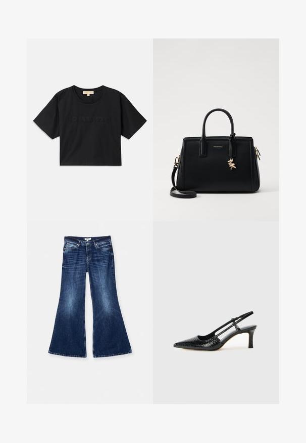 Fekete, rövid fazonú pamut póló. Kerek nyakkivágása és rövid ujjai vannak. A "MICHAEL KORS" felirat hímzéssel, az alapszínnel megegyező színben található az elején.; RE/DONE BAGGY FLARE - Trapézfarmer - monterey fade; Fekete lakk slingback sarok, hegyes orral, texturált kígyómintával, állítható pánttal és rövid, texturált tömbsarkal.; Fekete bőr kézitáska strukturált dizájnnal, dupla felső fogantyúkkal, levehető vállpánttal, arany színű fémrészletekkel és logómedál díszítéssel.