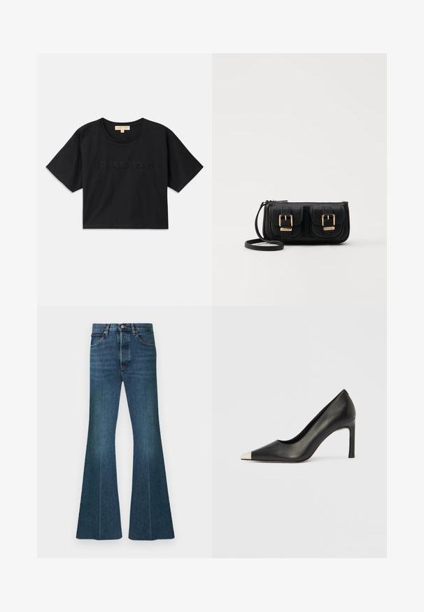 Black cropped t-shirt made of cotton. Features round neckline and short sleeves. "MICHAEL KORS" embroidered in matching color on the front.; Flared denim jeans in dark blue with a high waist, five-pocket design, and classic stitching. Fabric has a smooth, textured look.; Black leather high heel shoe with a pointed toe and a metallic silver cap. Features a smooth finish and a slender 10 cm heel.; Black leather crossbody bag with two front pockets, gold buckles, zipper closure, and a slim strap. Textured surface and compact rectangular shape.