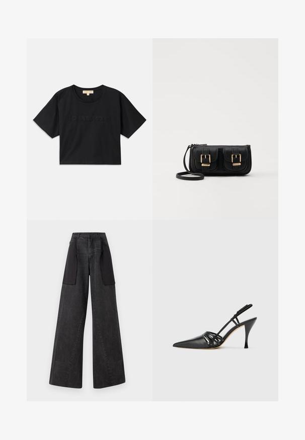 Black cropped t-shirt made of cotton. Features round neckline and short sleeves. "MICHAEL KORS" embroidered in matching color on the front.; Wide-leg jeans made of dark denim with black fabric panels on the sides, featuring a high waist and visible stitching details.; Black leather high-heeled slingback shoe with pointed toe, crisscross strap design, and slim stiletto heel. Smooth texture and minimal accents.; Black leather crossbody bag with two front pockets, gold buckles, zipper closure, and a slim strap. Textured surface and compact rectangular shape.