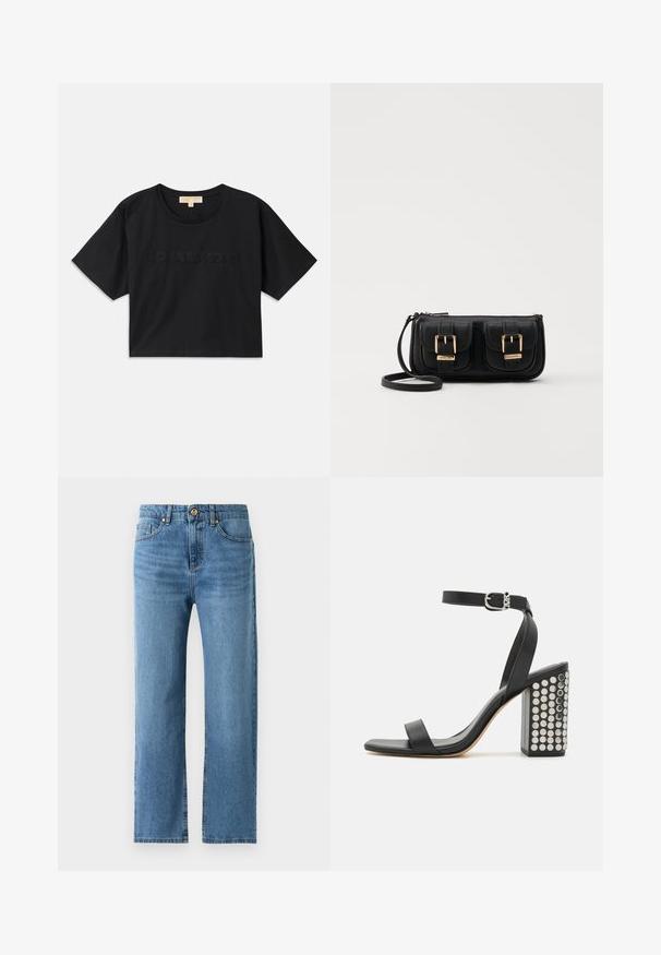 Črna skrajšana majica kratkih rokavov iz bombaža. Ima okroglo izrez in kratke rokave. Na sprednji strani je izšito ime "MICHAEL KORS" v usklajeni barvi.; Modre ravne kavbojke z sprednjimi žepi, passom in gumbom, postavljene na enobarvni beli ozadju.; Črne usnjene sandale s peto in zankami okoli gležnja. Imajo kvadratno konico, gladko teksturo in kvadratno blok peto, okrašeno z odličnimi srebrnimi žebljički.; Črna usnjena torbica čez ramo z dvema sprednjima žepoma, zlatimi zaponkami, zadrgo in ozkim pasom. Tekstura površine je strukturirana, obliko pa ima kompaktno pravokotno.
