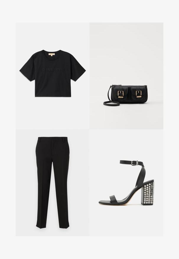 T-shirt noire cropped en coton. Caractéristiques : col rond et manches courtes. "MICHAEL KORS" brodé dans une couleur assortie sur le devant.; Pantalons noirs ajustés en tissu lisse, avec une coupe droite, des passants de ceinture et des poches latérales. Aucune motif ou matériel visible.; Sandales à talons noires en cuir avec une bride de cheville. Dotées d'un bout carré, d'une texture lisse et d'un talon carré orné de clous en argent.; Sac en cuir noir porté en travers avec deux poches avant, boucles dorées, fermeture zippée et une sangle fine. Surface texturée et forme rectangulaire compacte.
