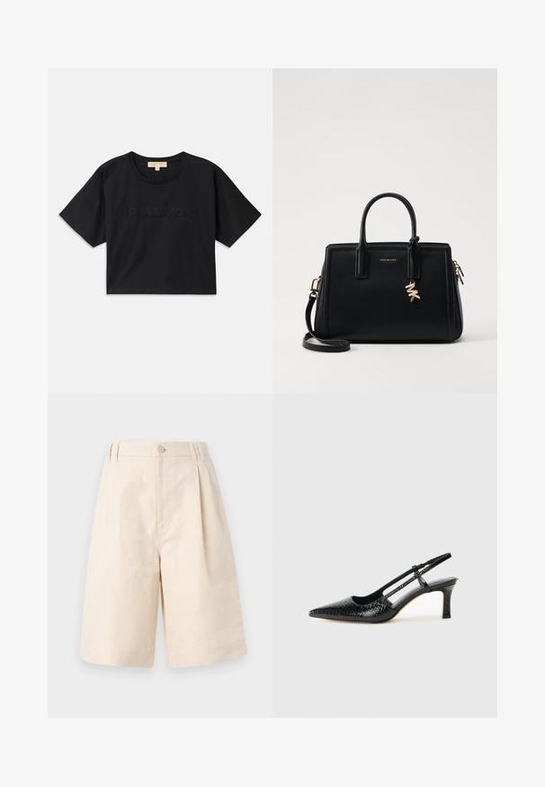 T-shirt noire cropped en coton. Caractéristiques : col rond et manches courtes. "MICHAEL KORS" brodé dans une couleur assortie sur le devant.; Shorts en lin beige avec une coupe décontractée, présentant une fermeture à bouton, un design plissé et une longueur à mi-genou. Texture lisse et style simple.; Escarpin slingback en vernis noir avec un bout pointu, présentant un imprimé serpent texturé, une sangle réglable et un petit talon bloc texturé.; Sac à main en cuir noir avec un design structuré, deux poignées supérieures, une bandoulière amovible, des accessoires en or et un pendentif avec le logo.