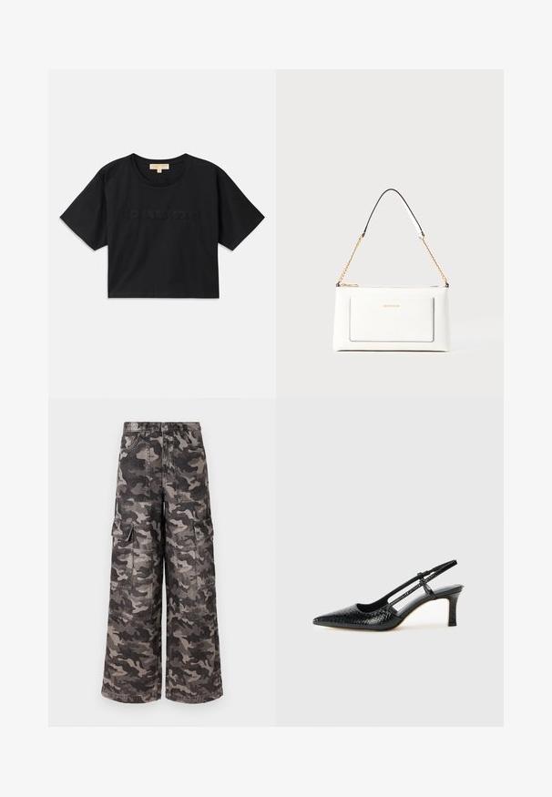 Camiseta cropped preta feita de algodão. Possui decote redondo e mangas curtas. "MICHAEL KORS" bordado na mesma cor na frente.; MICHAEL Michael Kors WIDE LEG CAMO - Calças de ganga de corte relaxado - charcoal; Salto slingback em patente preta com bico apontado, apresentando um padrão de pele de cobra texturizado, tira ajustável e um salto bloco curto e texturizado.; Bolsa de mão branca em couro com acabamento texturizado, featuring a corrente dourada e detalhes pretos. Inclui um bolso frontal e fecho com zipper.