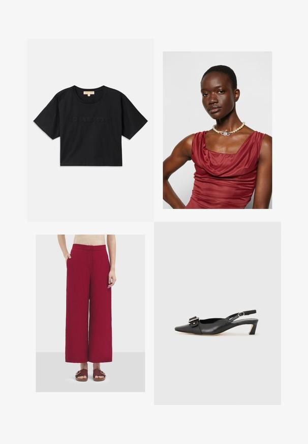 Camiseta corta negra de algodón. Presenta cuello redondo y mangas cortas. "MICHAEL KORS" bordado en color a juego en la parte frontal.; Pantalones de pierna ancha en una tela texturada de color rojo oscuro. Presenta bolsillos laterales y una cinturilla cosida. Combinados con sandalias marrones.; Zapato slingback de cuero negro con punta afilada, tacón pequeño y detalle de hebilla decorativa en la parte superior. Textura suave, diseño minimalista.; Vestido de color rojo intenso con cuello de cisne y una textura suave. Presenta un collar de perlas con un acento decorativo de plata en el centro.