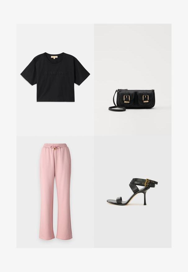 Black cropped t-shirt made of cotton. Features round neckline and short sleeves. "MICHAEL KORS" embroidered in matching color on the front.; Pink sweatpants made of soft fabric, featuring an elastic waistband with a drawstring and flared leg design.; Black heeled sandal with crossed straps and adjustable buckle. Features a smooth texture and tapered stiletto heel.; Black leather crossbody bag with two front pockets, gold buckles, zipper closure, and a slim strap. Textured surface and compact rectangular shape.