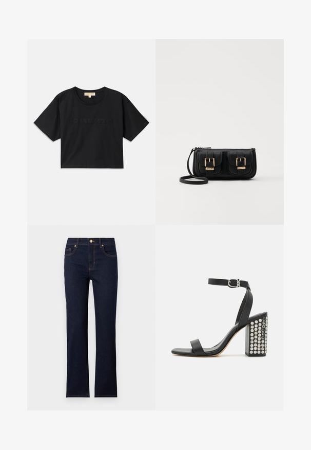 Crna kratka majica od pamuka. Ima okrugli izrez i kratke rukave. "MICHAEL KORS" izvezena u boji koja odgovara na prednjoj strani.; Tamno plave traperice ravnog kroja, s zlatnim gumbom i narančastim šavovima. Ima prednje džepove i klasični pojas.; Crne sandale na petu od kože s remenom oko gležnja. Imaju kvadratni vrh, glatku teksturu i kvadratnu blok petu ukrašenu srebrnim zakovicama.; Crna kožna torba preko ramena s dva prednja džepa, zlatnim kopčama, zatvaranjem na zip i uskim remenom. Teksturirana površina i kompaktan pravokutan oblik.