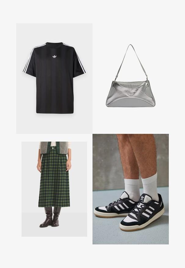 Black short-sleeve t-shirt with white three-stripe detailing on shoulders and a small white logo on the chest. Smooth fabric texture.; Green and navy plaid midi skirt made of textured fabric, featuring pleats and a straight cut, paired with knee-high brown leather boots.; Black and white sneakers with a suede and leather upper, featuring three white stripes, a perforated toe, and a gum rubber sole.; Silver metallic handbag with a sleek, structured design, featuring a textured body, a shoulder strap, and an embossed logo accent.