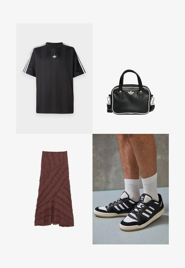 Sort kortærmet t-shirt med hvid tre-stribe detaljer på skuldrene og et lille hvidt logo på brystet. Glat stofstruktur.; Brun tekstureret nederdel med et lagdelt, bølget design og diagonale mønstre, der har volangdetaljer langs kanterne og en udvidet silhuet.; Sorte og hvide sneakers med en overdel i ruskind og læder, der har tre hvide striber, en perforeret tå og en sål i gummigummi.; Sort læderhandtaske med to korte håndtag, sølvhardware, hvide accenter og et hvidt logo. Har en struktureret overflade og et kompakt design.