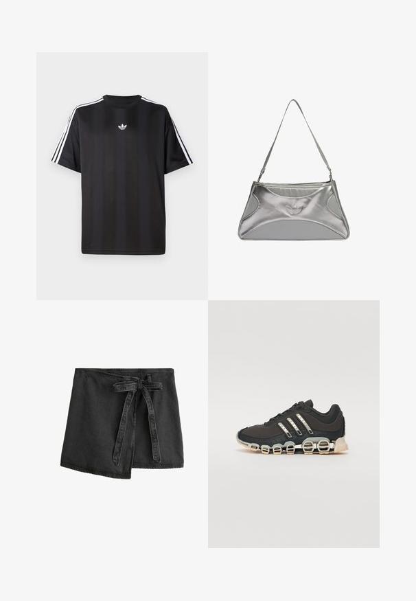 Must t-särk lühikeste varrukatega musta värviga, millel on valged kolmerealised detailid õlgadel ja väike valge logo rinnal. Sile kangas.; Musthave mustritsiga must denimist koos lipsvöödiga, asümmeetriline alläär ja sile tekstuur. Omab servadel õmblusdetailide rõhku.; Must have sportlik kingad musta värvi, millel on tekstuuriga pealisosa, kolm hõbedast triipu ja eristuv pehmendusnähtus, millel on mitmed integreeritud osad.; Hõbedane metallist käekott, millel on voolujooneline, struktureeritud disain, tekstureeritud keha, õlavööt ja reljeefne logo aktsent.