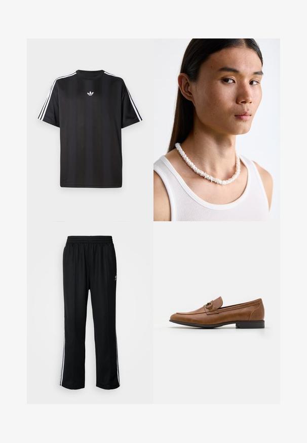 Juodas trumpomis rankovėmis marškinėliai su balta trimis juostelėmis ant pečių ir mažai balta logotipo krūtinėje. Lygus audinio tekstūra.; Juodi sportiniai keliai su elastingu juosmeniu, su baltais šonais ir mažu logotipu. Atrodo, kad medžiaga yra minkšta ir lengva.; Rudi odiniai loaferiai su plokščiu kulnu, su dekoratyviu metaliniu akcentu priekyje, elegantiškas dizainas ir lygus paviršius.; Baltos kriauklės vėrinys, sudarytas iš netaisyklingų formų, nešiojamas virš prigludusio balto maikės. Lygus paviršius su subtiliu blizgesiu, artimai prigludusi konstrukcija.