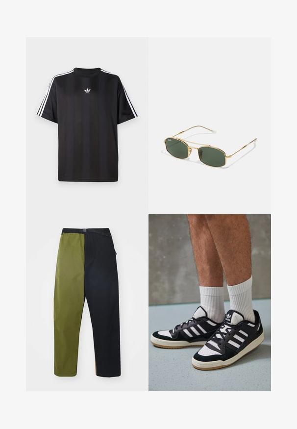 T-shirt noir à manches courtes avec des détails à trois rayures blanches sur les épaules et un petit logo blanc sur la poitrine. Texture de tissu lisse.; Manastash FLEX CLIMBER WIDE LEG - Pantalon classique - panel; Baskets noir et blanc avec une tige en suède et cuir, comportant trois rayures blanches, un bout perforé et une semelle en caoutchouc gum.; Lunettes de soleil en métal doré avec verres verts, présentant une forme angulaire et des branches fines. Le design comprend une monture fine et un logo discret sur le verre.