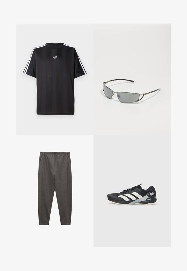 Black short-sleeve t-shirt with white three-stripe detailing on shoulders and a small white logo on the chest. Smooth fabric texture.; Gray jogger pants made of soft fabric, featuring an elastic waistband, side pockets, and a tapered leg design.; Black athletic shoe with white stripes, mesh upper, rounded toe, and cushioned sole. Features a textured heel and secure lacing system.; Sunglasses with a sleek metallic frame, grey tinted lenses, elongated shape, and black temples. Minimal design and lightweight construction.