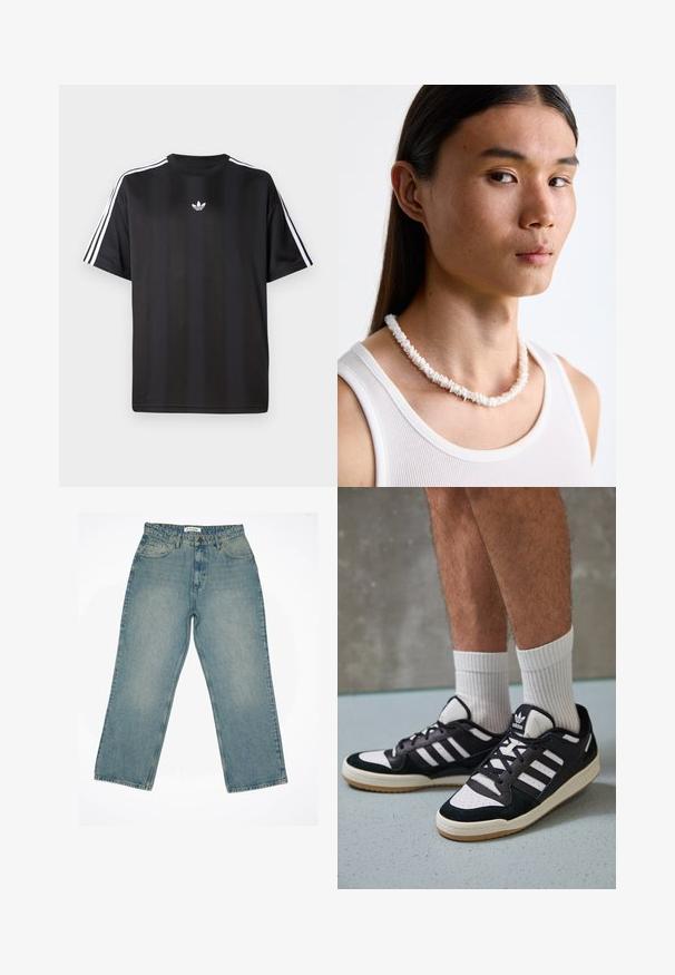 Crna majica kratkih rukava s bijelim trostrukim detaljima na ramenima i malim bijelim logotipom na prsima. Glatka tekstura tkanine.; Svijetloplave traperice s visokim strukom i širokim nogavicama. Imaju bočne džepove, zatvaranje na zip i vidljive detalje šivanja.; Crne i bijele tenisice s gornjim dijelom od antilopa i kože, s tri bijele pruge, perforiranim prstom i gumiranim potplatom.; Bijela ogrlica od školjki sastavljena od nepravilnih oblika, nošena preko uskog bijelog topa. Glatka tekstura s suptilnim sjajem, blizu tijela prilagođen dizajn.