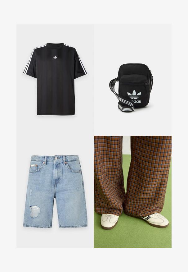 Tricou negru cu mânecă scurtă, cu detalii albe cu trei dungi pe umeri și un mic logo alb pe piept. Textură de țesătură netedă.; Shorts din denim de culoare albastru deschis cu un design deteriorat. Prezintă margini desfăcute și petice, cinci buzunare și închidere cu buton din metal.; Pantaloni largi cu carouri maro și albastru, asociați cu pantofi albi cu accente negre și tălpi texturate, împotriva unui fundal verde.; Geantă de umăr din material textil negru, cu închidere cu fermoar, având un logo Adidas alb și o curea ajustabilă cu dungi pentru o transportare ușoară.