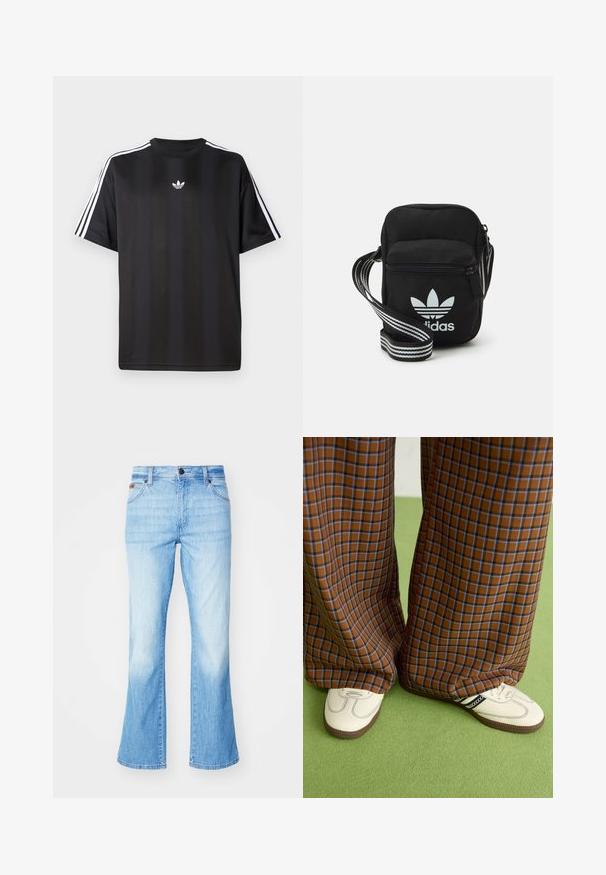 Černé tričko s krátkým rukávem s bílými třemi pruhy na ramenou a malým bílým logem na hrudi. Hladká textilie.; Svetle modré zvonové džíny z denimu, s vybledlým vzhledem, pěti kapsami a zapínáním na knoflík.; Hnědo-modré kostkované široké kalhoty doplněné bílými botami s černými akcenty a texturovanou podrážkou, umístěné na zeleném pozadí.; Černá crossbody taška z látky se zipovým uzávěrem, obsahující bílé logo Adidas a pruhovaný nastavitelný popruh pro snadné nošení.