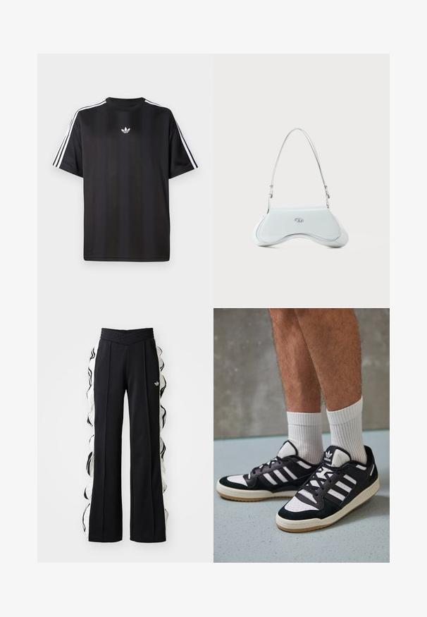 Svart t-skjorte med kort erm og hvite tre-stripes detaljer på skuldrene og en liten hvit logo på brystet. Mjuk stofftekstur.; Svarte treningbukser med teksturert liv, med hvite sidestykker og rynket detaljering, samt et brodert logo på forsiden.; Sorte og hvite sneakers med overdel i semsket skinn og lær, med tre hvite striper, perforert tå og en såle av gummi.; Hvit patentlæder skuldertaske med buet design, sølvhardware og en diskret logoaccent foran. Justerbar rem inkludert.