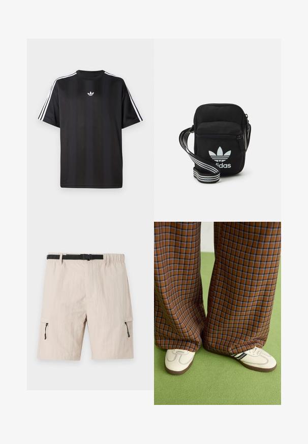 Fekete, rövid ujjú póló fehér háromcsíkos díszítéssel a vállakon és egy kis fehér logóval a mellkasán. Simább anyag textúra.; Beige színű cargo rövidnadrág rugalmas derékkal, állítható fekete övvel és oldalsó cipzáras zsebekkel. Könnyű anyagból készült, finom textúrával.; Barna és kék kockás, bőrt lábú nadrág, fehér cipővel, fekete részletekkel és texturált talppal, zöld háttér előtt.; Fekete anyagú, keresztpántos táska cipzáras záródással, fehér Adidas logóval és csíkos állítható pánttal a könnyű hordozás érdekében.