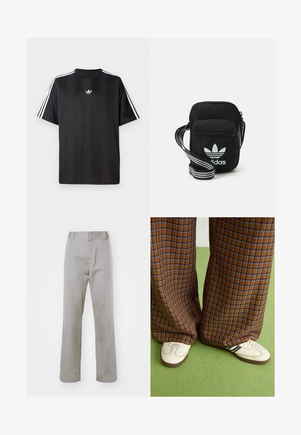 Čierne tričko s krátkym rukávom a bielymi trojpruhmi na pleciach a malým bielym logom na hrudi. Hladká textúra látky.; Šedé bavlnené nohavice so strihom rovného nohu, s plochým predným dielom, pútkami na opasok a hladkou textúrou.; Hnedé a modré kárované nohavice s širokými nohavicami skombinované s bielymi topánkami s čiernymi akcentmi a textúrovanými podrážkami, umiestnené na zelenom pozadí.; Čierna textilná crossbody taška so zipsovým uzáverom, ktorá má biele logo Adidas a pruhovaný nastaviteľný popruh pre jednoduché nosenie.
