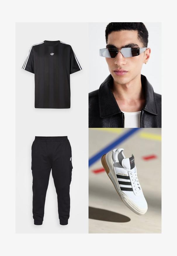 Crna majica s kratkimi рукави in belimi трими črtami na ramah ter majhnim belim logotipom na prsih. Gladka tekstura tkanine.; SIKSILK EXTENDED - Hlačami s stranskimi žepi - black; Beli Adidas Mundial Goal športni copat z črnimi črtami in gumijastim podplatom, prikazan v zraku nad športnim igriščem z barvnimi črtami.; Angularne sončne očala s sivim tonom in srebrnim okovjem, postavljena na svetli podlagi. Leče imajo edinstveno geometrijsko obliko.; Bela biserna ogrlica z enakomerno okroglo obliko, gladko površino in kovinsko zaponko z raztegnjeno verigo za prilagodljivo dolžino.
