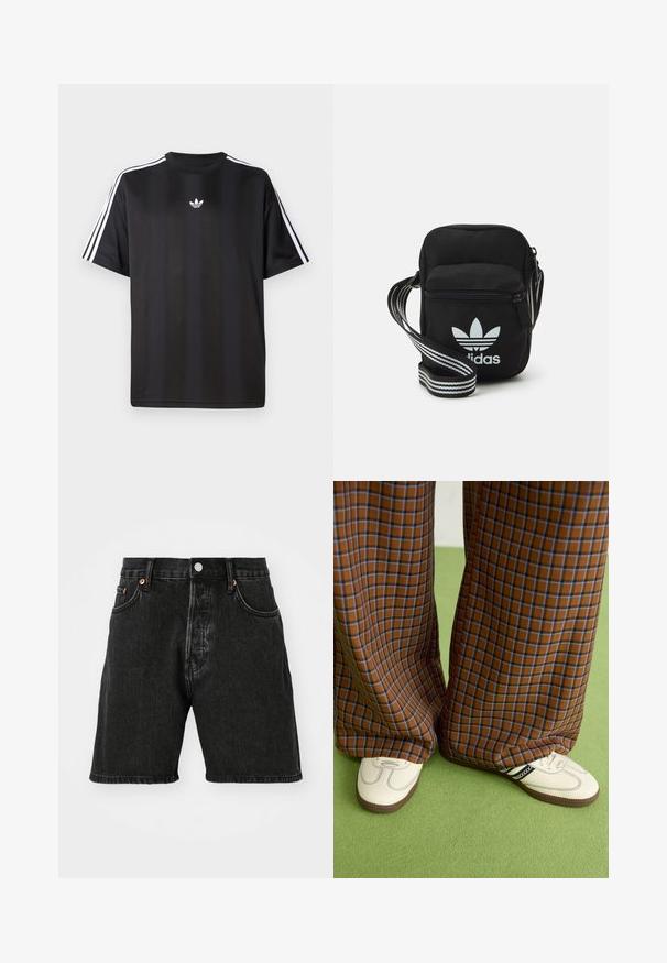 Crna majica s kratkimi рукави in belimi трими črtami na ramah ter majhnim belim logotipom na prsih. Gladka tekstura tkanine.; Črne denim kratke hlače z visokim pasom, oblikovane s petimi žepi, bakrenimi gumbi in surovim robom. Tkanina ima rahlo teksturo in videz bledenja.; Rjave in modre kariraste hlače širokih nogavic, v kombinaciji z belimi čevlji, ki imajo črne poudarke in teksturirane podplate, na zeleni podlagi.; Črna tkaninska torbica čez ramo z zadrgo, ki vsebuje belo Adidasovo logo in pridelano naramnico z več črtami za enostavno nošenje.