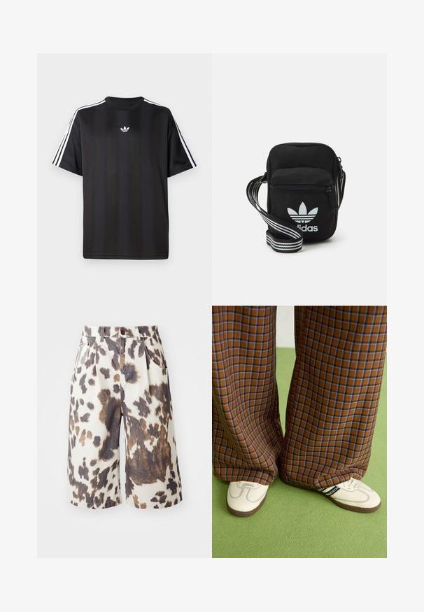 Black short-sleeve t-shirt with white three-stripe detailing on shoulders and a small white logo on the chest. Smooth fabric texture.; Brown and cream patterned shorts made of cotton, featuring a relaxed fit, two front pockets, a button closure, and a mid-thigh length.; Brown and blue plaid wide-leg trousers paired with white shoes featuring black accents and textured soles, set against a green background.; Black fabric crossbody bag with a zipper closure, featuring a white Adidas logo and a striped adjustable strap for easy carrying.