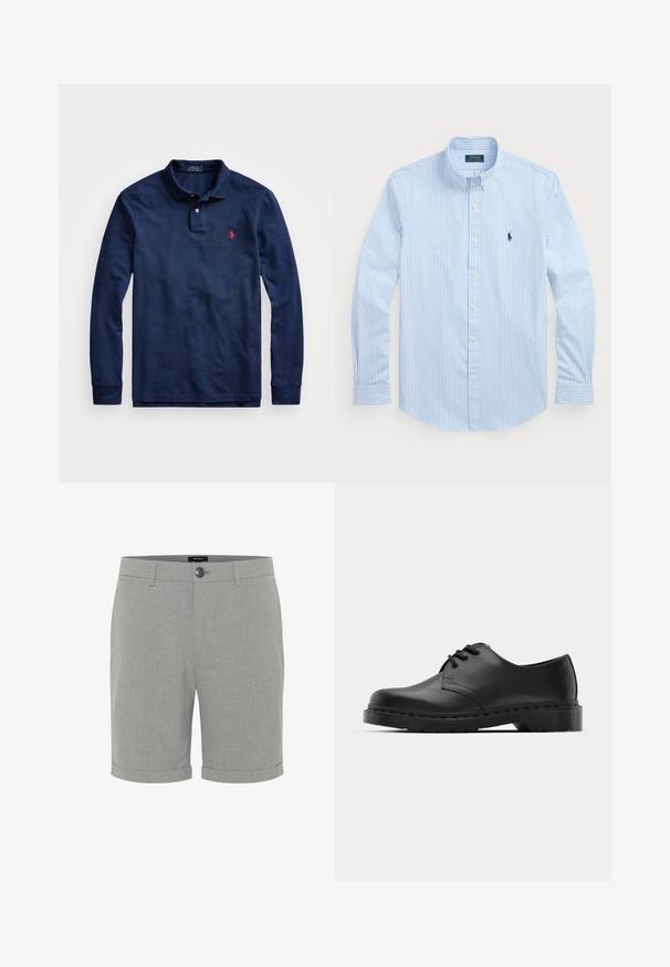 Navyblaues Langarm-Polohemd aus Baumwolle mit einem Zwei-Knopf-Kragen, gerippten Ärmelbündchen und einem kleinen roten Logo auf der linken Brust.; Helles blau gestreiftes Hemd mit Knopfleiste, langen Ärmeln, weißen Knöpfen und klassischem Kragen, versehen mit einem kleinen marineblauen Logo auf der linken Brust. Baumwollstoff.; Grau melierte Baumwollmischung Shorts mit geradem Schnitt, die einen einzigen Knopfverschluss, hochgekrempelte Säume und eine minimale Textur aufweisen. Keine Muster oder Akzente.; Schwarze Leder-Oxford-Schuhe mit Schnürdesign, runder Zehenform, flacher Gummisohle und subtilen Nähten entlang des oberen Teils.